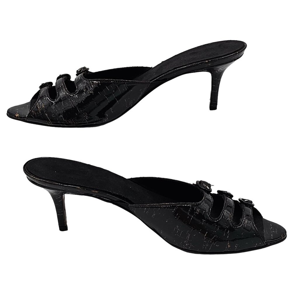 Donald Pliner Italy Womens 9.5 Black Patent Cork Open-toe Slide Dress Shoe Heels - Picture 8 of 15